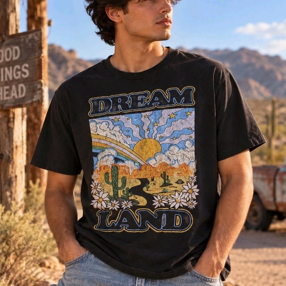 Dream Land Desert Graphic T Shirt Mens Large Black Cactus Rainbow Western Tee